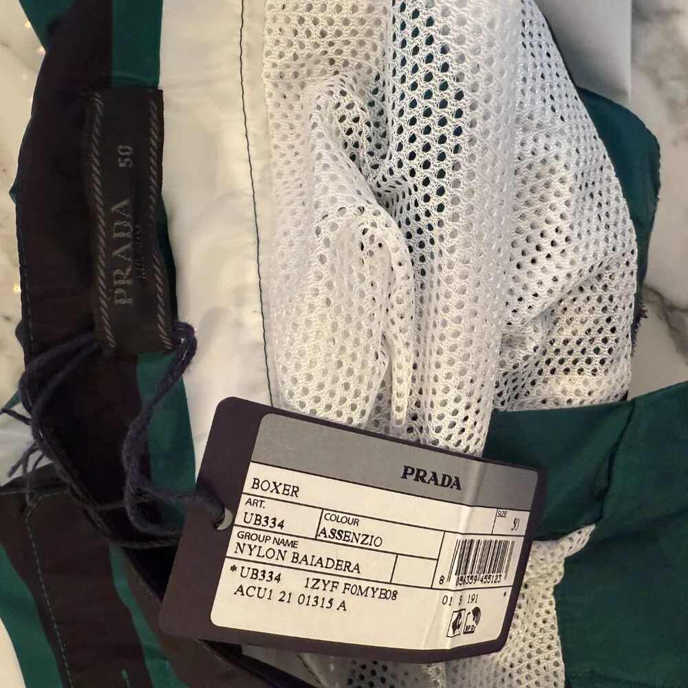 PRADA UB334 Men's Green Boxer Baiadera Nylon Striped Swim Suit Sz. 50- 34